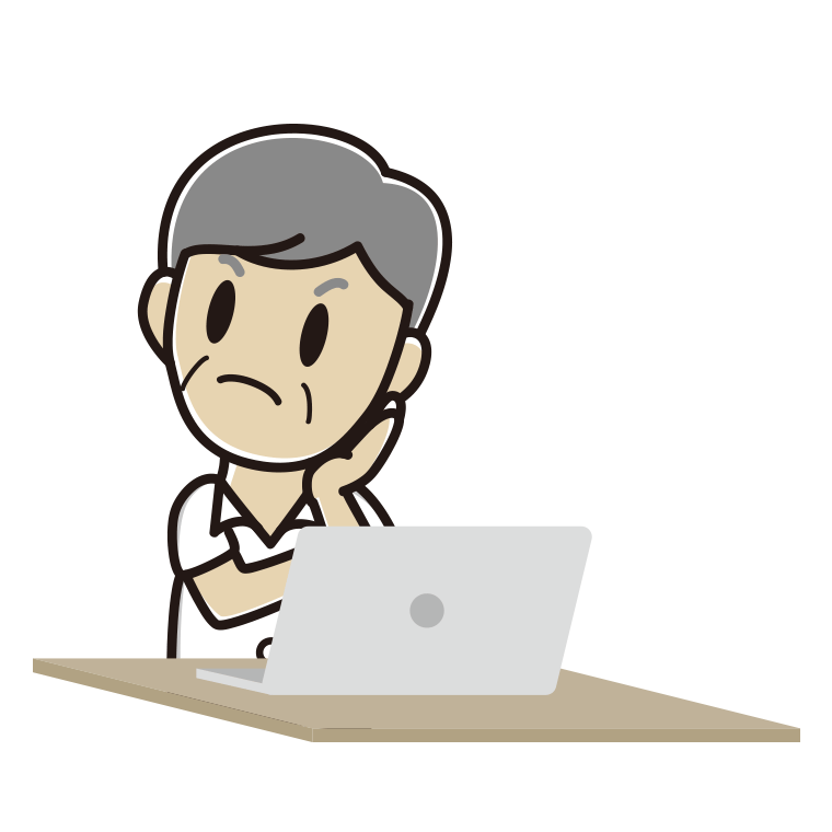 パソコン使用中に考える年配男性会社員（クールビズ）のイラスト【色あり、背景なし】透過PNG