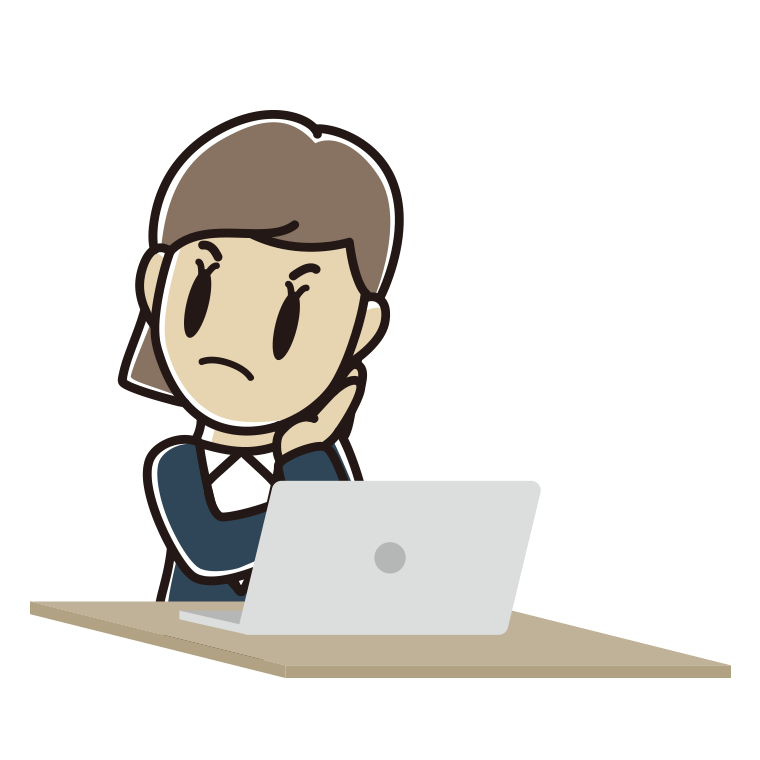 パソコン使用中に考える女性会社員のイラスト【色あり、背景なし】透過PNG