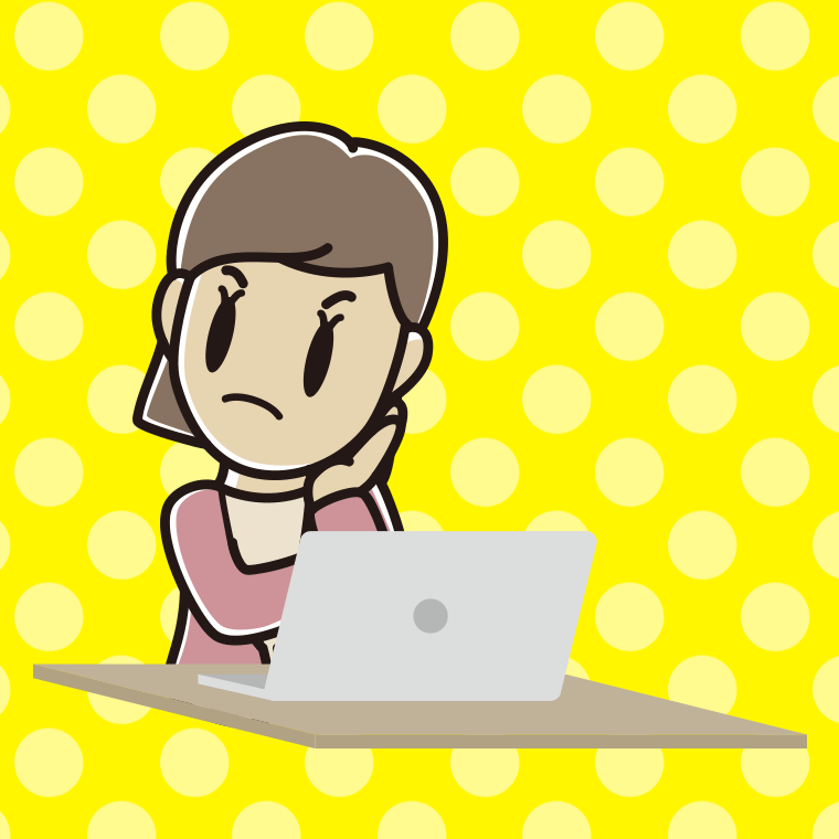 パソコン使用中に考える女性会社員（カジュアル）のイラスト【色、背景あり】PNG