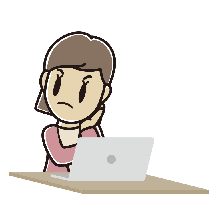 パソコン使用中に考える女性会社員（カジュアル）のイラスト【色あり、背景なし】透過PNG