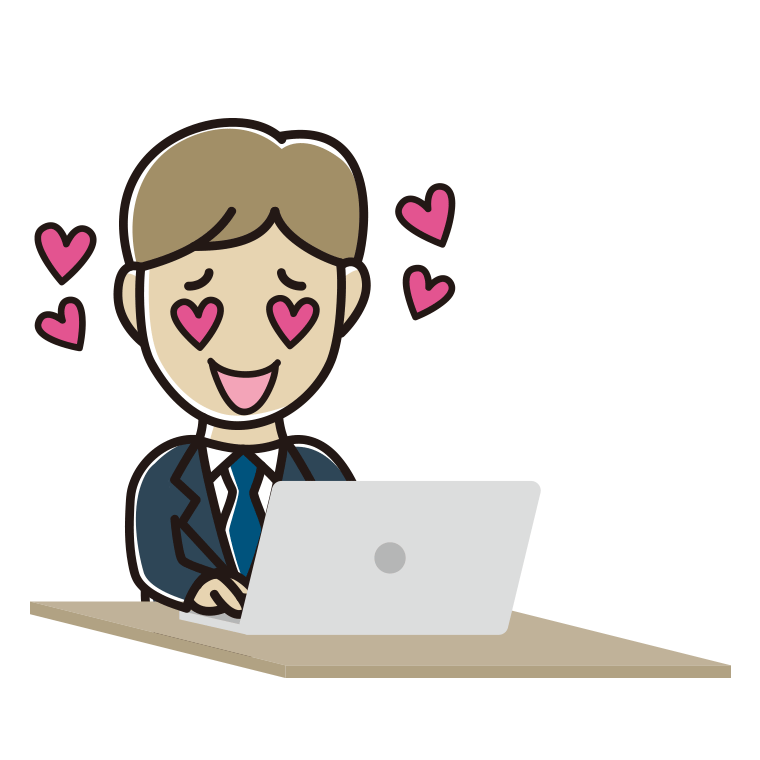 パソコンを見て目がハートになる男性会社員のイラスト【色あり、背景なし】透過PNG