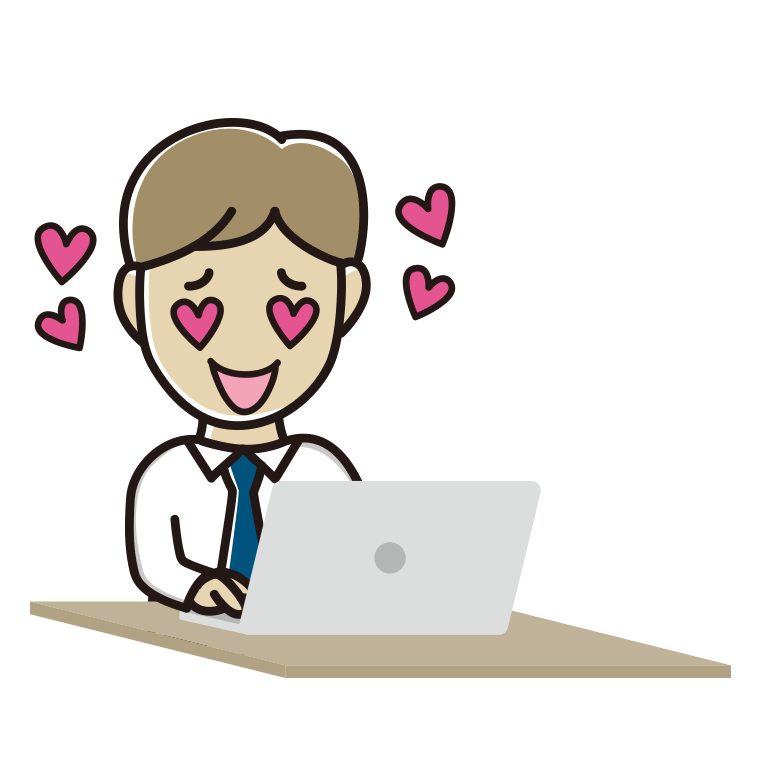 パソコンを見て目がハートになる男性会社員（ワイシャツ）のイラスト【色あり、背景なし】透過PNG