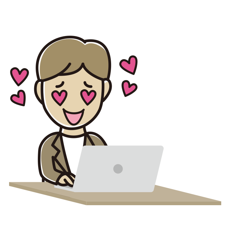 パソコンを見て目がハートになる男性会社員（カジュアル）のイラスト【色あり、背景なし】透過PNG
