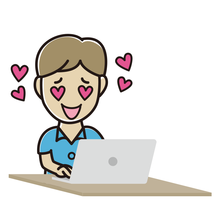 パソコンを見て目がハートになる男性会社員（クールビズ）のイラスト【色あり、背景なし】透過PNG