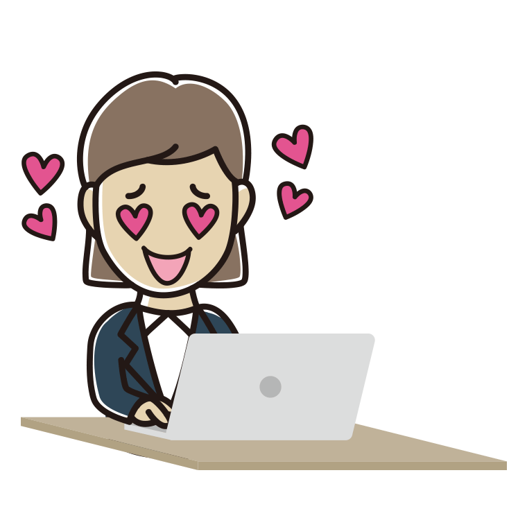 パソコンを見て目がハートになる女性会社員のイラスト【色あり、背景なし】透過PNG