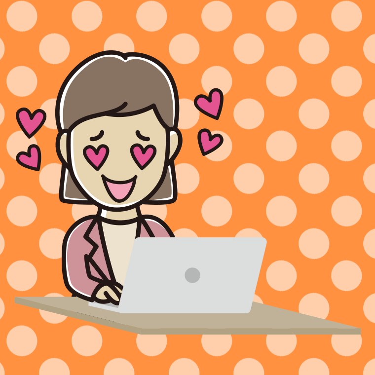 パソコンを見て目がハートになる女性会社員（カジュアル）のイラスト【色、背景あり】PNG