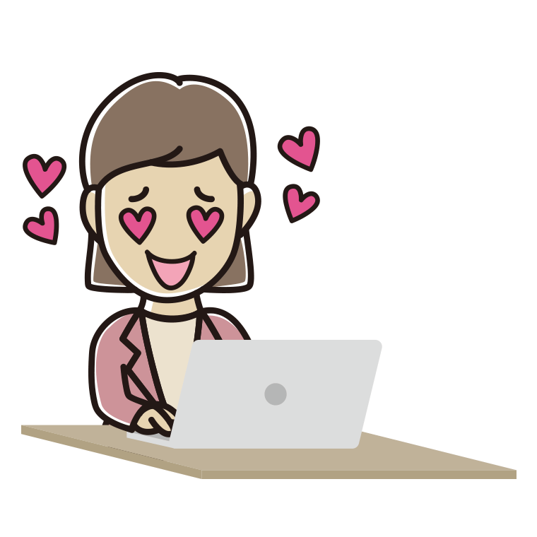 パソコンを見て目がハートになる女性会社員（カジュアル）のイラスト【色あり、背景なし】透過PNG