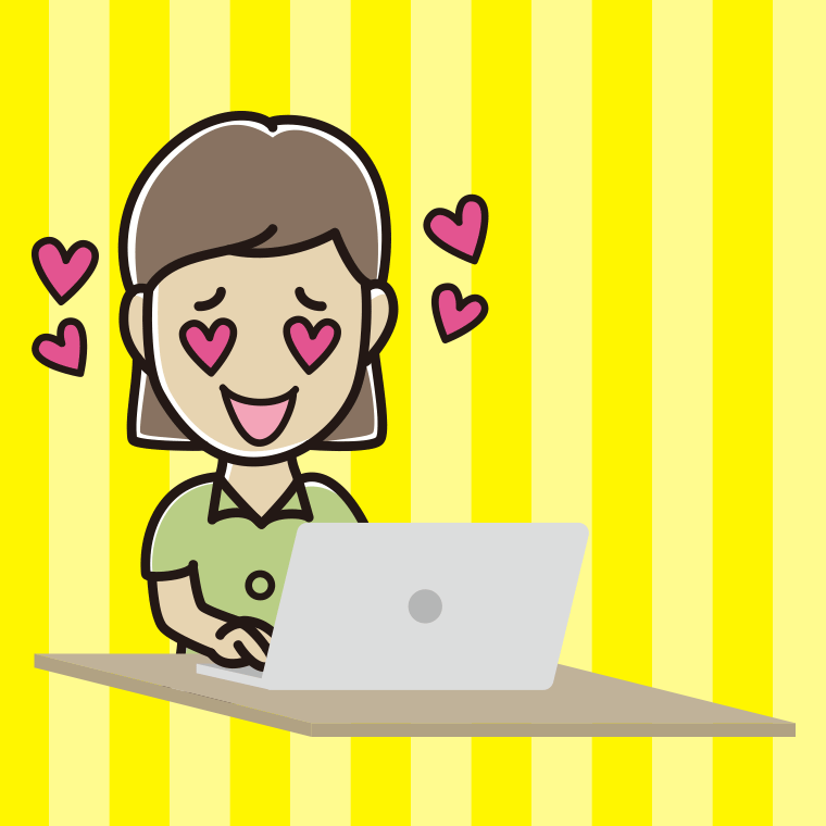 パソコンを見て目がハートになる女性会社員（クールビズ）のイラスト【色、背景あり】PNG