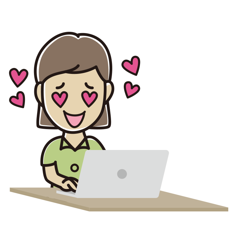 パソコンを見て目がハートになる女性会社員（クールビズ）のイラスト【色あり、背景なし】透過PNG