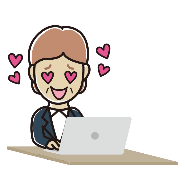 パソコンを見て目がハートになる年配女性会社員のイラスト【色あり、背景なし】透過PNG