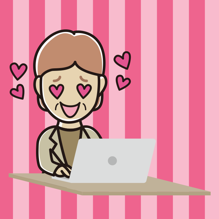 パソコンを見て目がハートになる年配女性会社員（カジュアル）のイラスト【色、背景あり】PNG