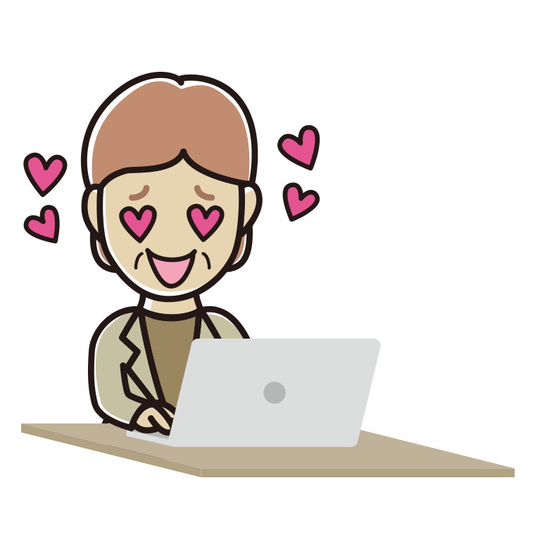 パソコンを見て目がハートになる年配女性会社員（カジュアル）のイラスト【色あり、背景なし】透過PNG
