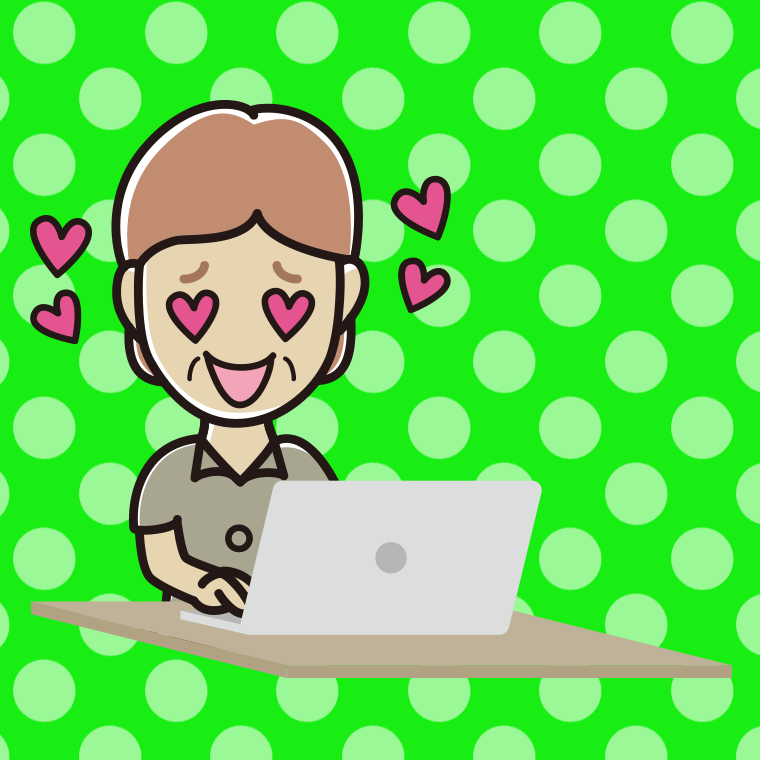 パソコンを見て目がハートになる年配女性会社員（クールビズ）のイラスト【色、背景あり】PNG
