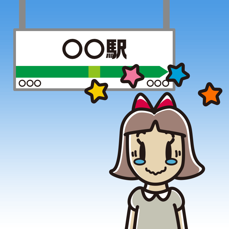 駅のホームでジーンとする小学生女子のイラスト【色、背景あり】PNG