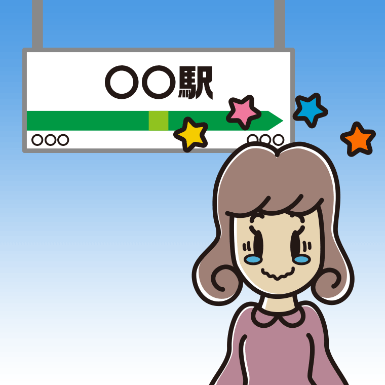 駅のホームでジーンとする女子大学生のイラスト【色、背景あり】PNG