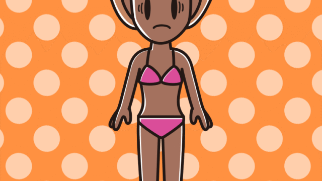 日焼けで困る水着の女性のイラスト【色、背景あり】PNG