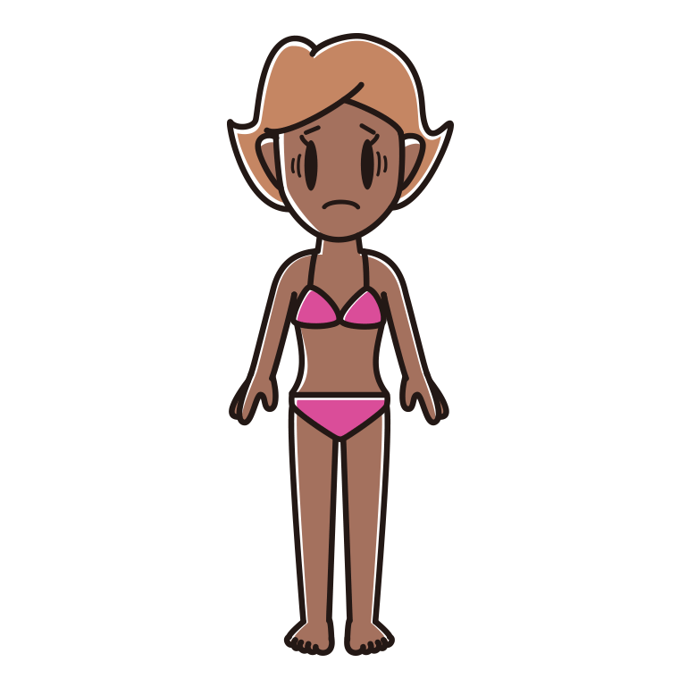 日焼けで困る水着の女性のイラスト【色あり、背景なし】透過PNG