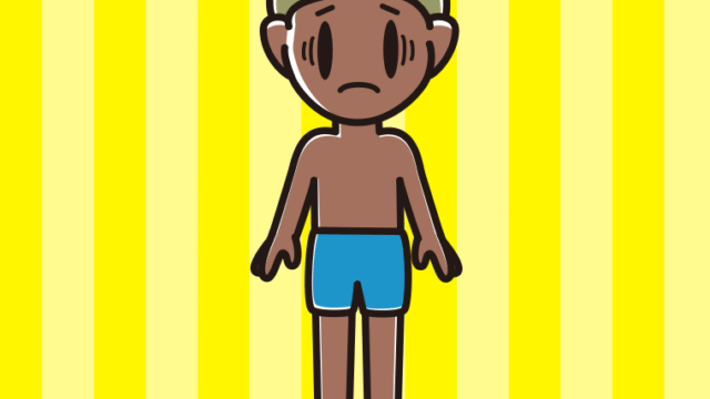 日焼けで困る水着の小学生男子のイラスト【色、背景あり】PNG