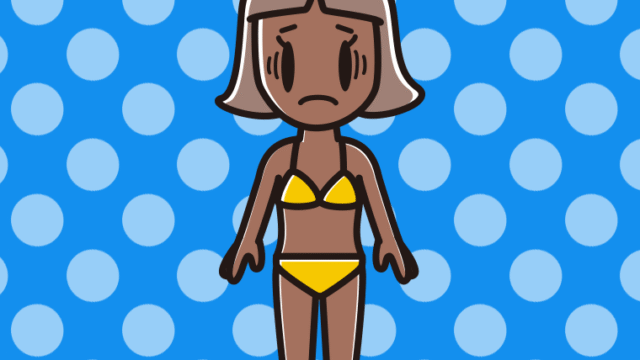 日焼けで困る水着の小学生女子のイラスト【色、背景あり】PNG