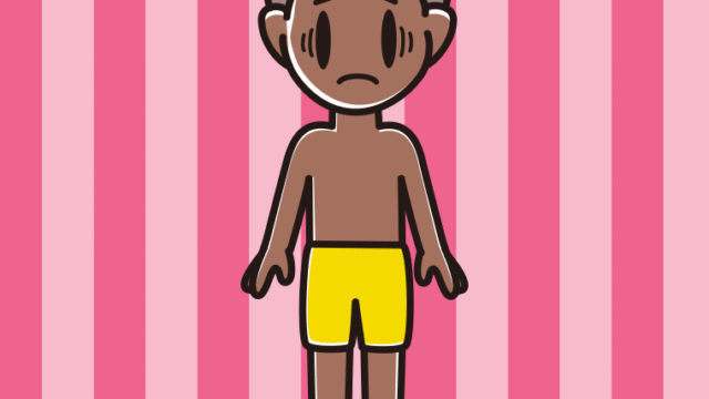 日焼けで困る水着の男子中学生のイラスト【色、背景あり】PNG