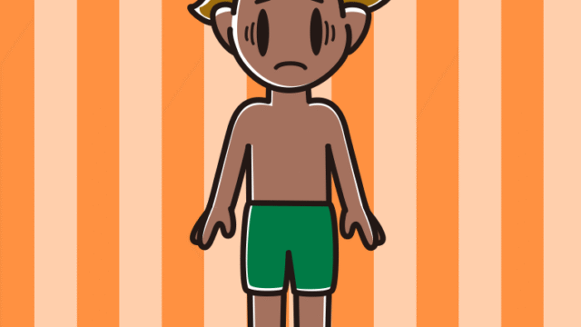 日焼けで困る水着の男子高校生のイラスト【色、背景あり】PNG