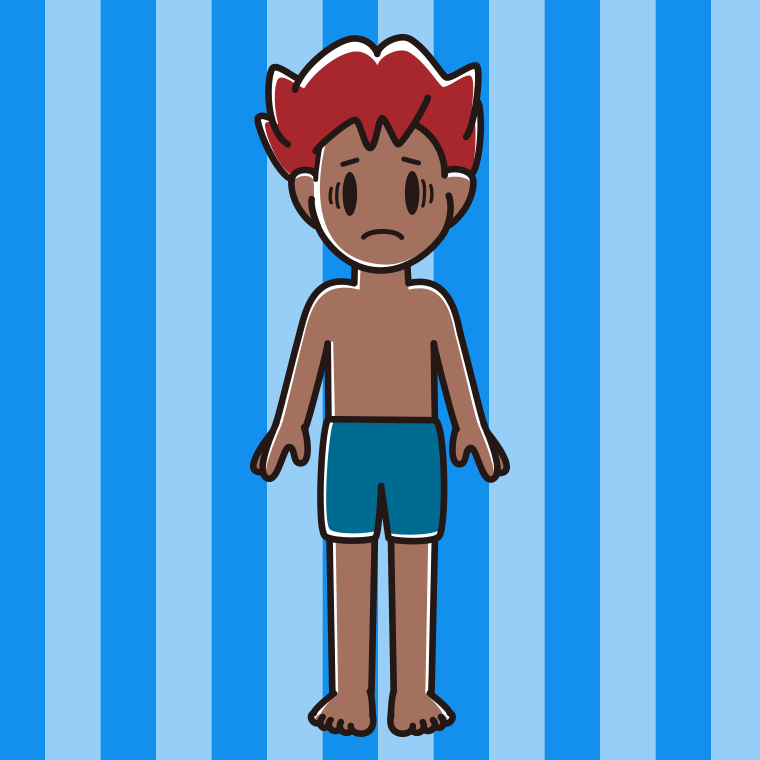 日焼けで困る水着の男子大学生のイラスト【色、背景あり】PNG