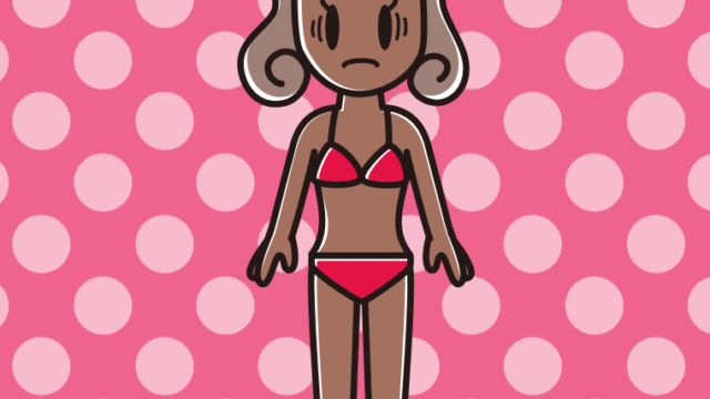 日焼けで困る水着の女子大学生のイラスト【色、背景あり】PNG