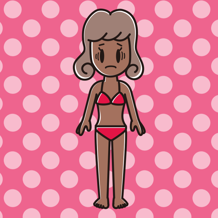 日焼けで困る水着の女子大学生のイラスト【色、背景あり】PNG