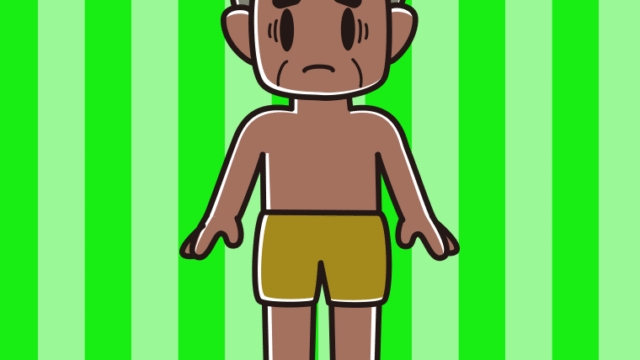 日焼けで困る水着のおじさんのイラスト【色、背景あり】PNG