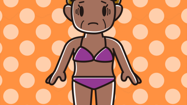 日焼けで困る水着のおばさんのイラスト【色、背景あり】PNG