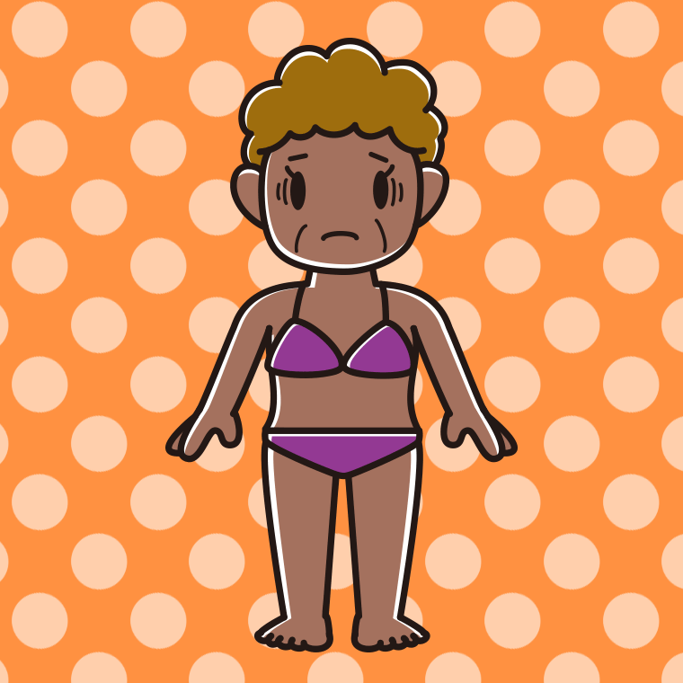 日焼けで困る水着のおばさんのイラスト【色、背景あり】PNG