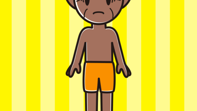 日焼けで困る水着のおじいさんのイラスト【色、背景あり】PNG