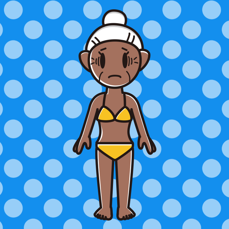 日焼けで困る水着のおばあさんのイラスト【色、背景あり】PNG