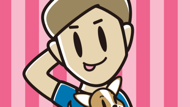 犬を抱いてテヘヘな男性のイラスト【色、背景あり】PNG