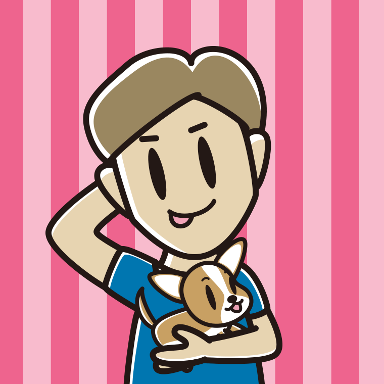犬を抱いてテヘヘな男性のイラスト【色、背景あり】PNG
