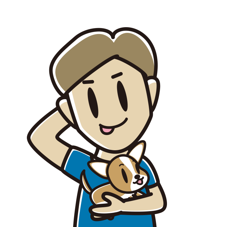 犬を抱いてテヘヘな男性のイラスト【色あり、背景なし】透過PNG