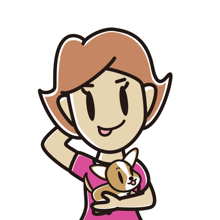 犬を抱いてテヘヘな女性のイラスト【色あり、背景なし】透過PNG