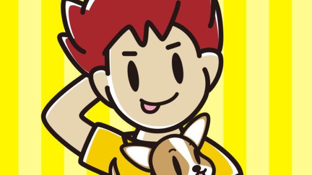 犬を抱いてテヘヘな男子大学生のイラスト【色、背景あり】PNG