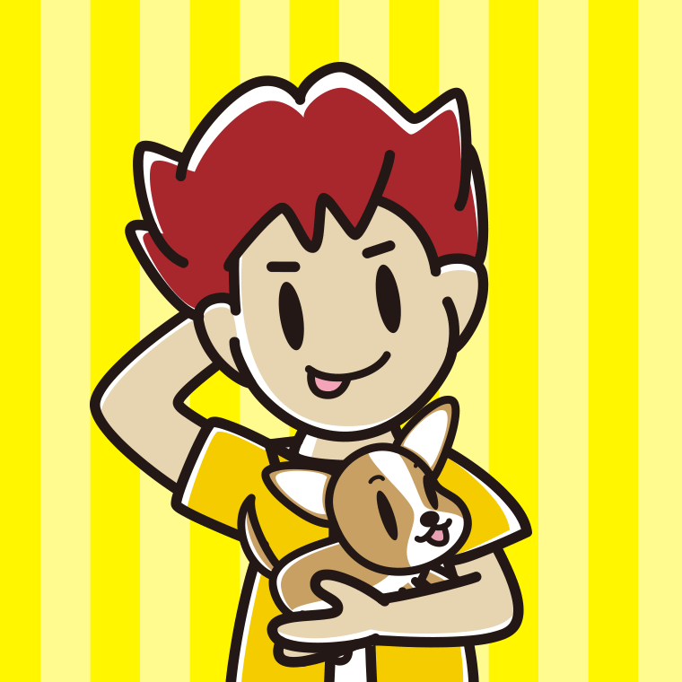 犬を抱いてテヘヘな男子大学生のイラスト【色、背景あり】PNG