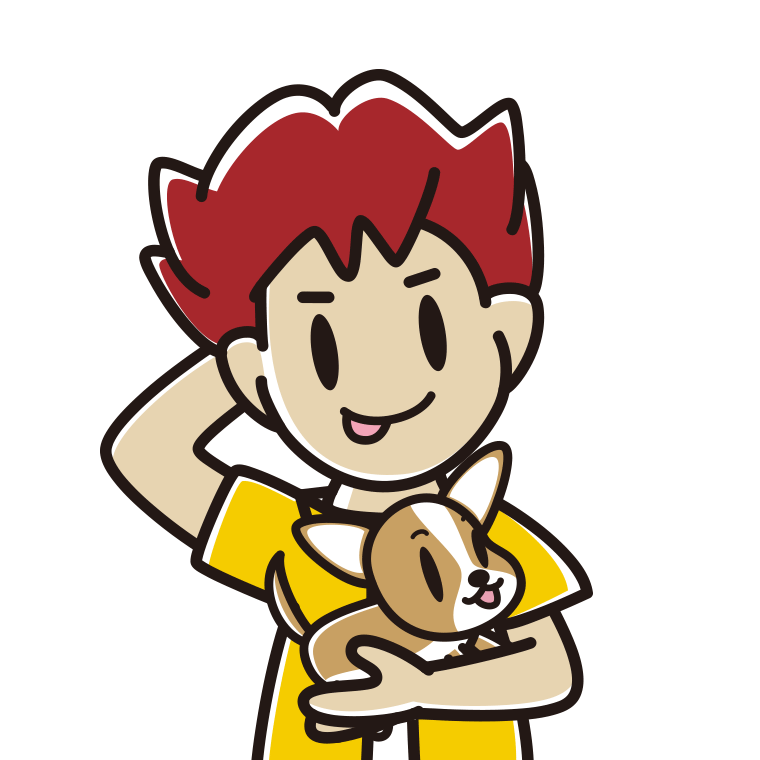 犬を抱いてテヘヘな男子大学生のイラスト【色あり、背景なし】透過PNG