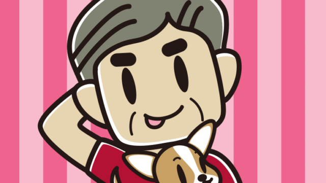 犬を抱いてテヘヘなおじさんのイラスト【色、背景あり】PNG