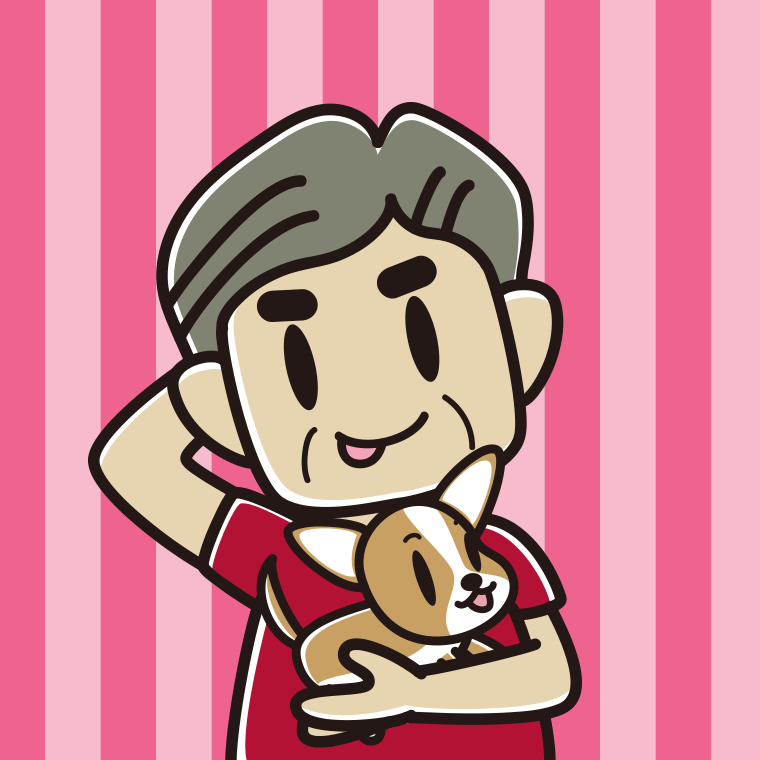 犬を抱いてテヘヘなおじさんのイラスト【色、背景あり】PNG