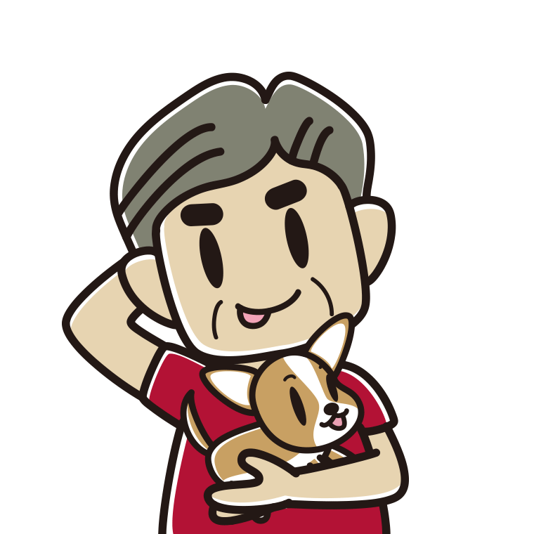 犬を抱いてテヘヘなおじさんのイラスト【色あり、背景なし】透過PNG