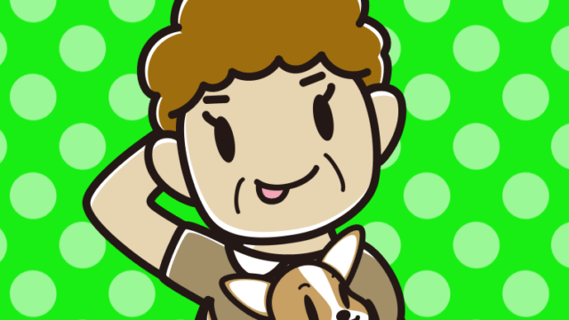 犬を抱いてテヘヘなおばさんのイラスト【色、背景あり】PNG