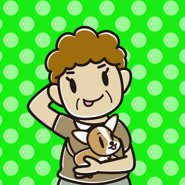 犬を抱いてテヘヘなおばさんのイラスト【色、背景あり】PNG