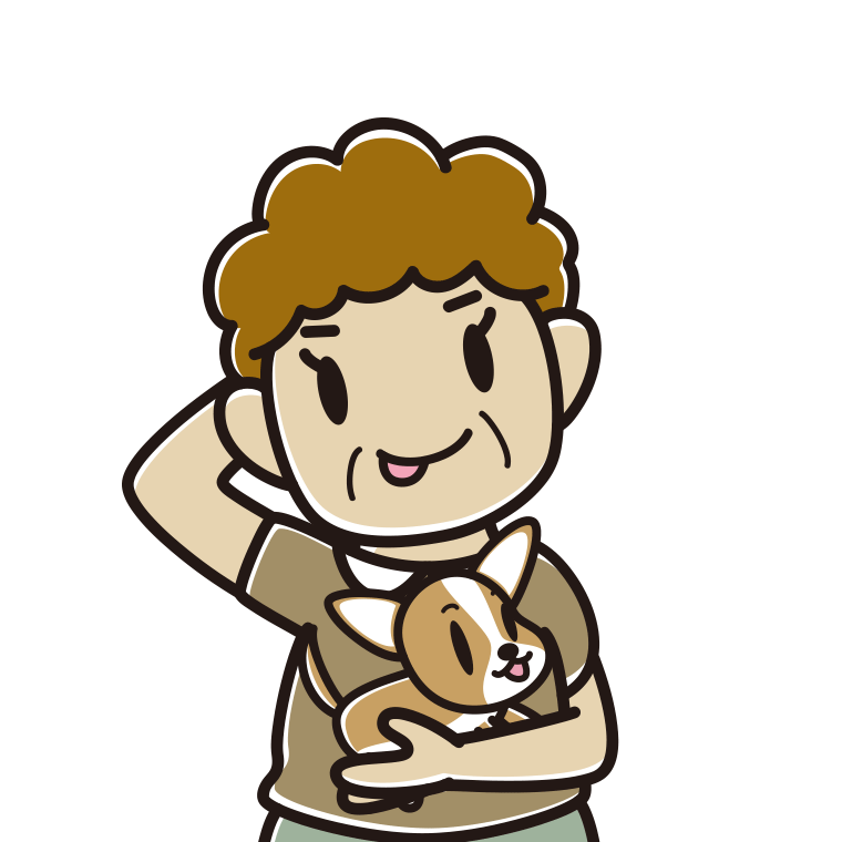 犬を抱いてテヘヘなおばさんのイラスト【色あり、背景なし】透過PNG