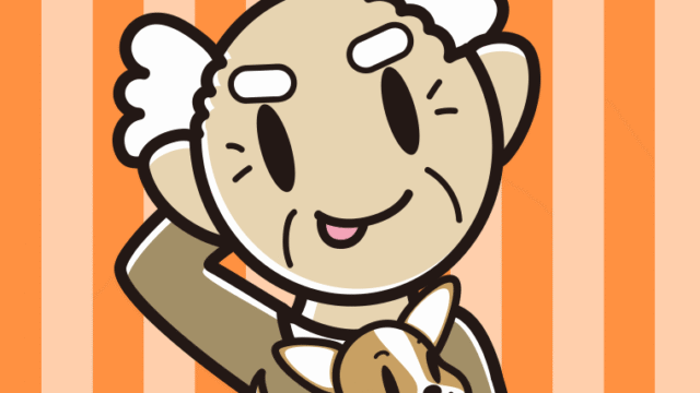 犬を抱いてテヘヘなおじいさんのイラスト【色、背景あり】PNG