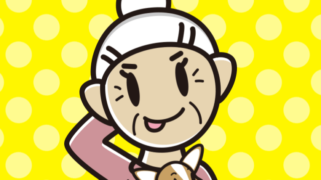 犬を抱いてテヘヘなおばあさんのイラスト【色、背景あり】PNG