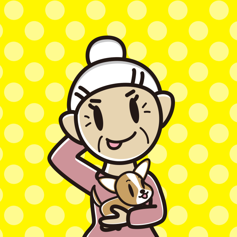 犬を抱いてテヘヘなおばあさんのイラスト【色、背景あり】PNG