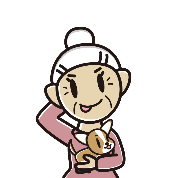 犬を抱いてテヘヘなおばあさんのイラスト【色あり、背景なし】透過PNG